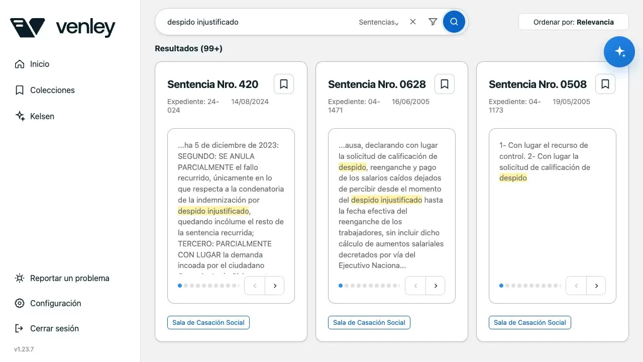La búsqueda muestra coincidencias dentro de cada sentencia. El carrusel permite recorrer los extractos sin abrir nuevas pestañas.