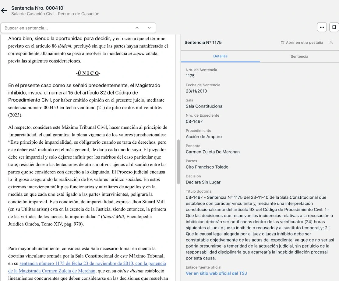La referencia de la Sentencia 000410 abre los datos de la Sentencia 1175 en un panel lateral.